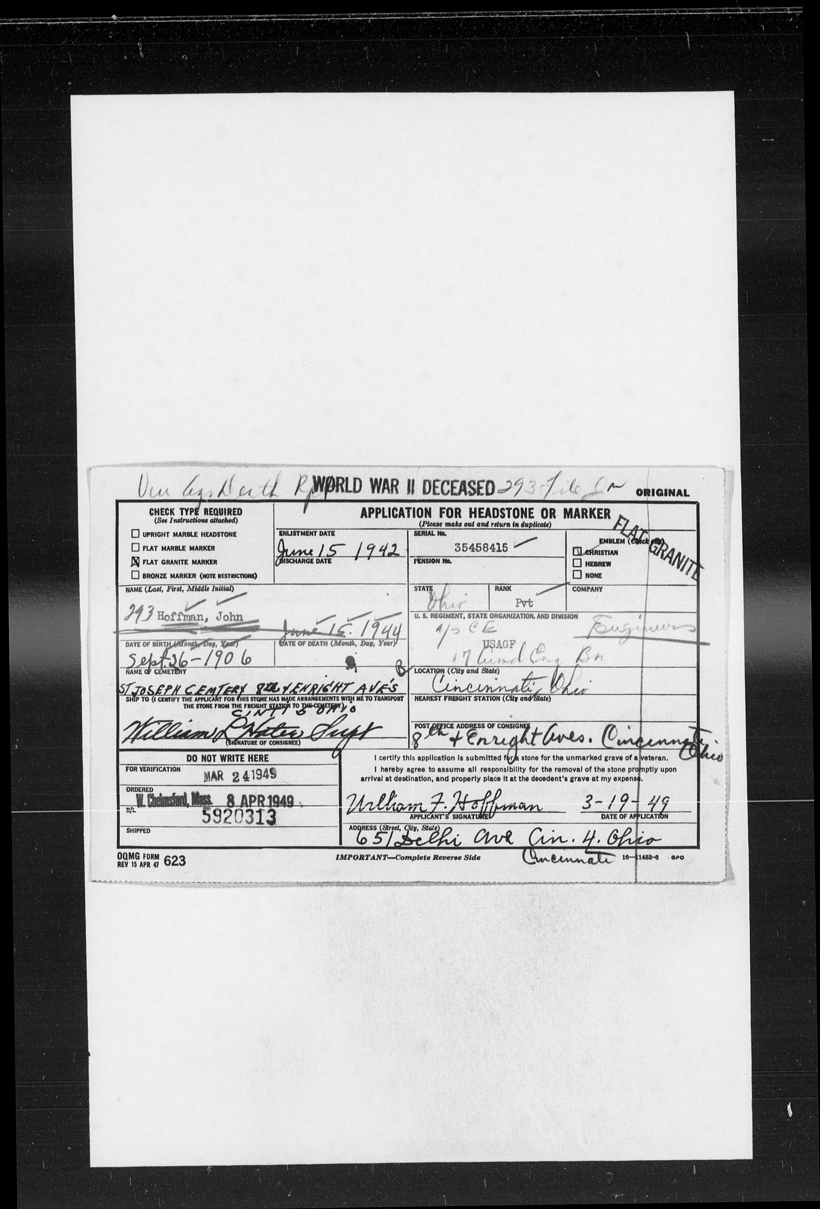 Headstone application John Hoffman 6-15-1944