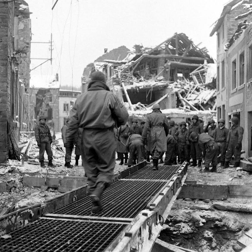 Bridge built over stream by 17thAEB the on the outskirts of Houffalize to allow vehicles enter the towm, Belgium, January 1944