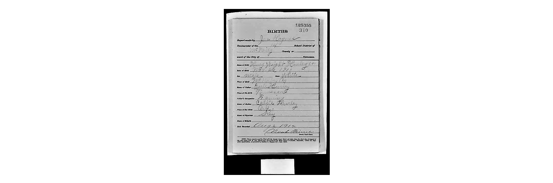Birth Record Tennessee Mc Nairy - Henry Wright Hurley 2