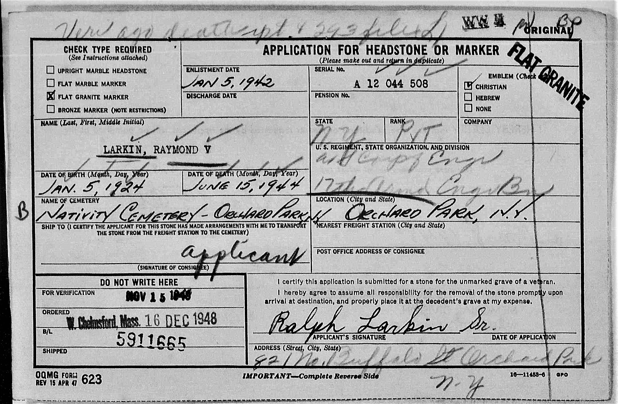 Headstone Application Raymond V. Larkin 6-15-1944 2