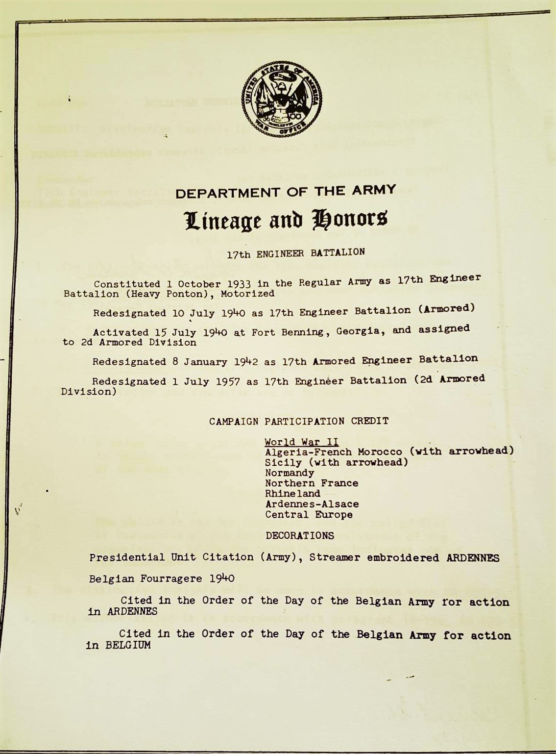 Linaege and Honors of the 17th Armored Engineer Battalion (source: Unit History of the 17th Armored Engineer Battalion)