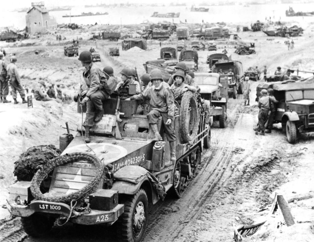 17th Arrmored Engineer Battalion, halftrack A-company leaves Omaha Beach through the 'Le Ruquet' Draw, Nornandy,France, June 1944