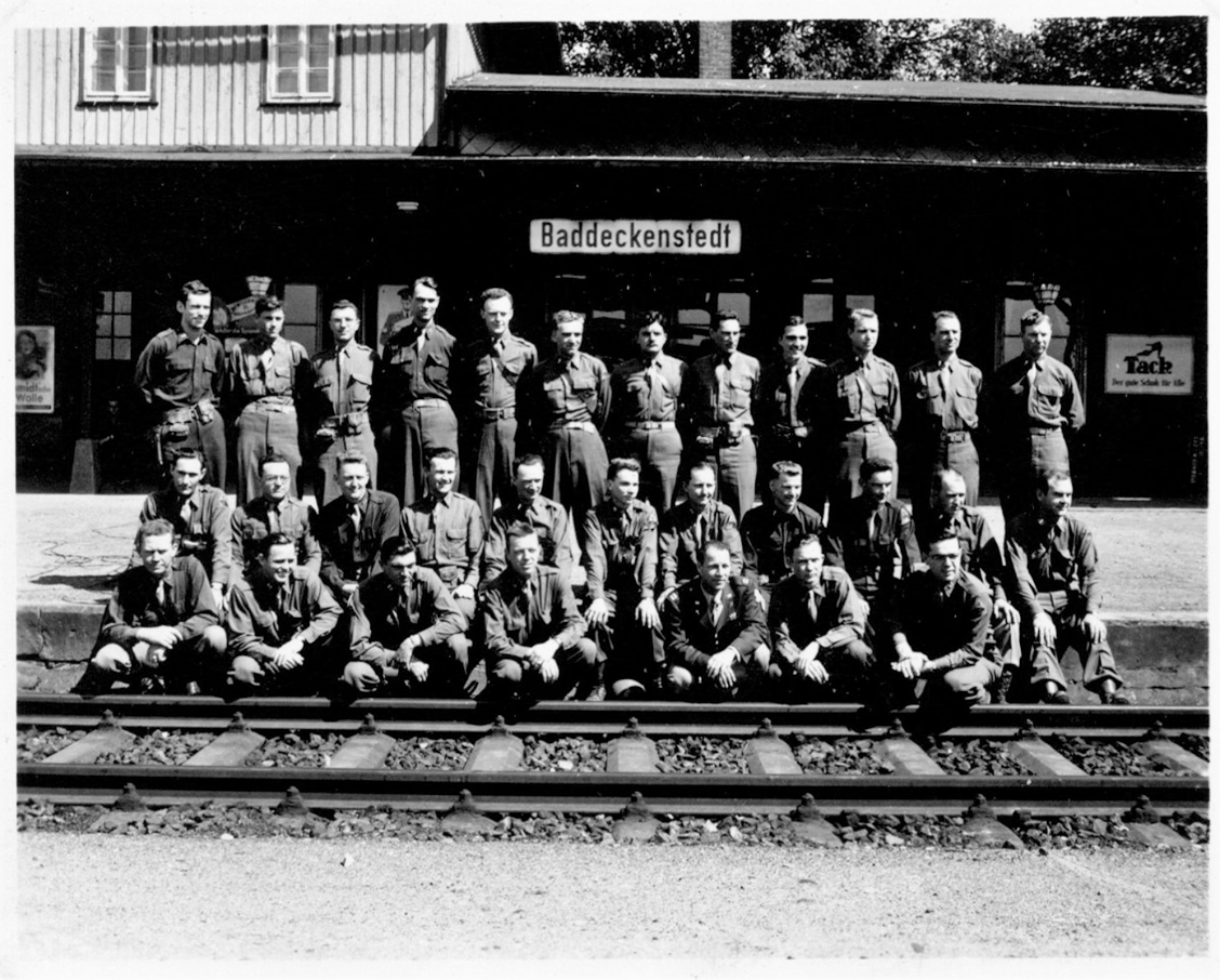 Franics Turner with his fellow officers, 17th Arrmored Engineer Battalion at Baddeckenstedt Railwaystation Germany, spring1945