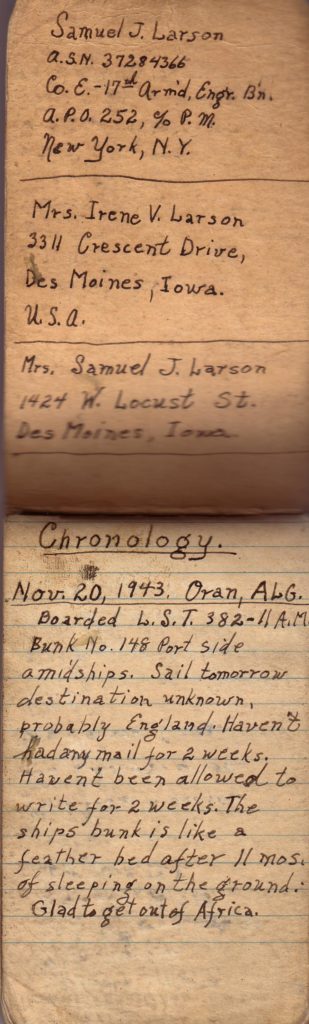 Diary that Corporal Samuel James Larson kept for a short period of time on the journey by ship from the Mediterranean Sea to England