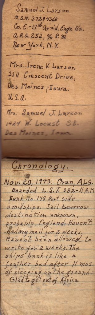 Diary that Corporal Samuel James Larson kept for a short period of time on the journey by ship from the Mediterranean Sea to England 