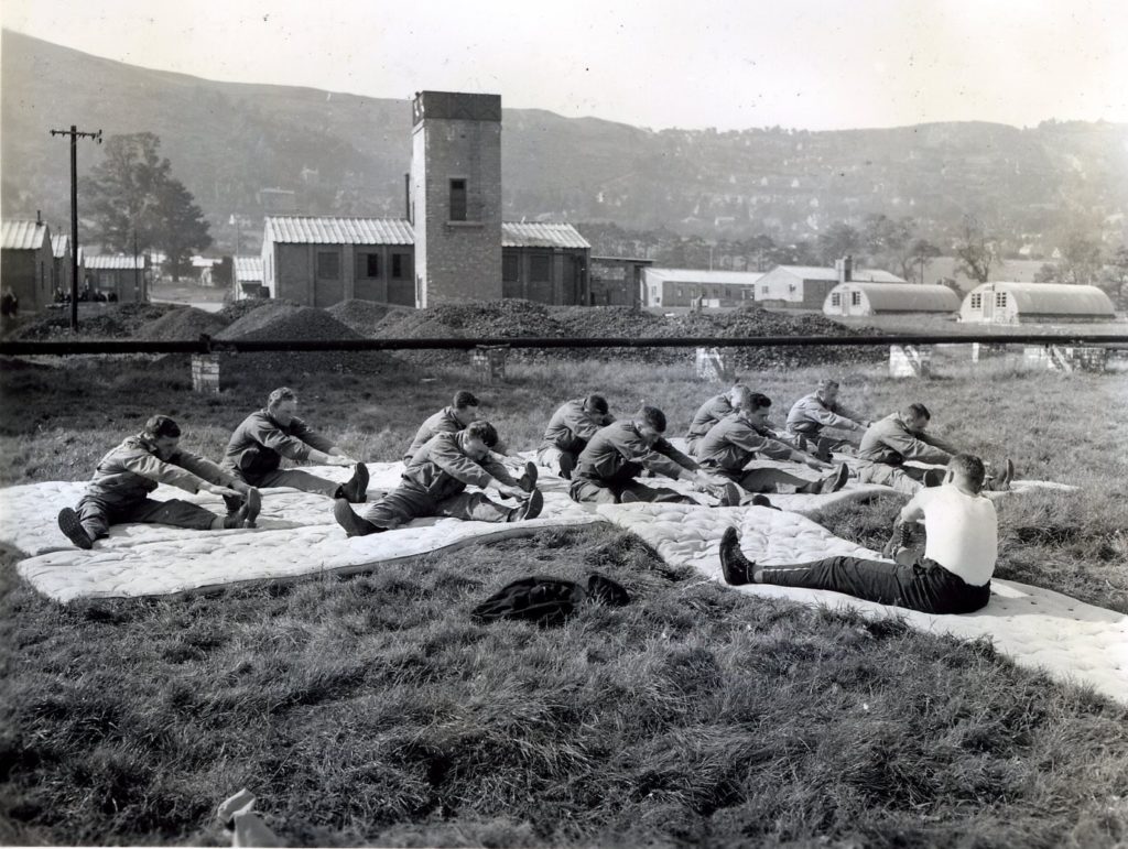 Patients from the 55th General Hospital carrying out Rehabilitation classes at the foot of the Malvern