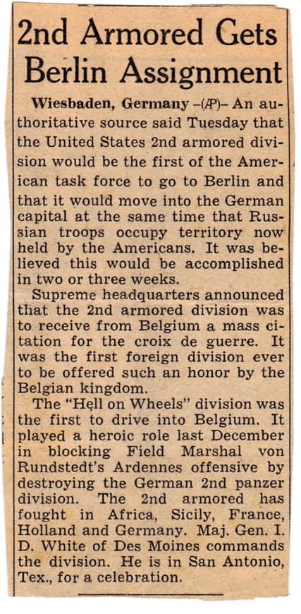 Local newspaper clipping 2nd Armored- Berlin Assigned