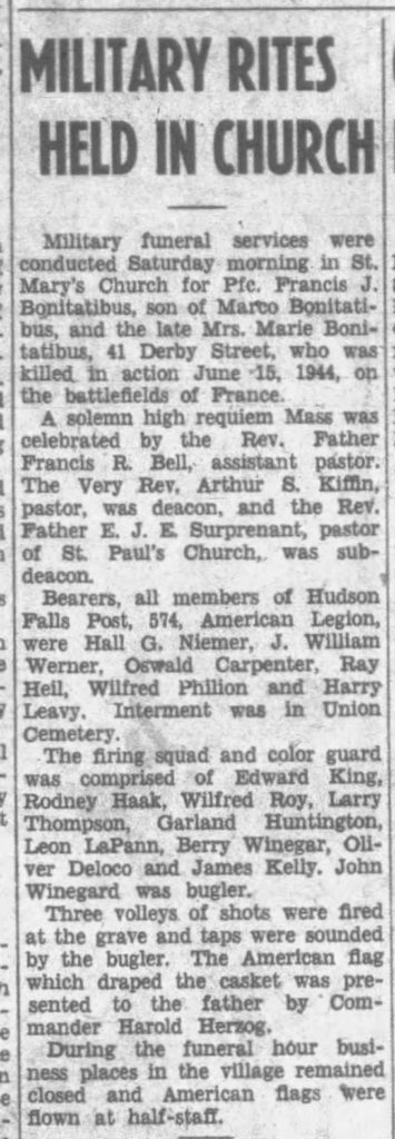 Private Francis J Bonitatibus 1948 newarticle reburial The Post-Star (Glens Falls, Warren, New York, United States of America) · 25 Oct 1948