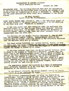 Articles 2nd Armored,  october 1944,Breakout Normandy, send home by Cpl Samuel James Larson, 17th Armored Engineer Battalion, 1944. (source: William Erickson)