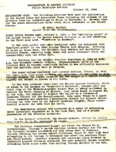 Articles 2nd Armored, october 1944,Breakout Normandy, send home by Cpl Samuel James Larson, 17th Armored Engineer Battalion, 1944. (source: William Erickson)