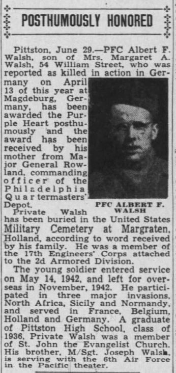 Albert F Walsh - The Times-Tribune (Scranton, Pennsylvania) · 29 Jun 1945 Source nwspapers.com