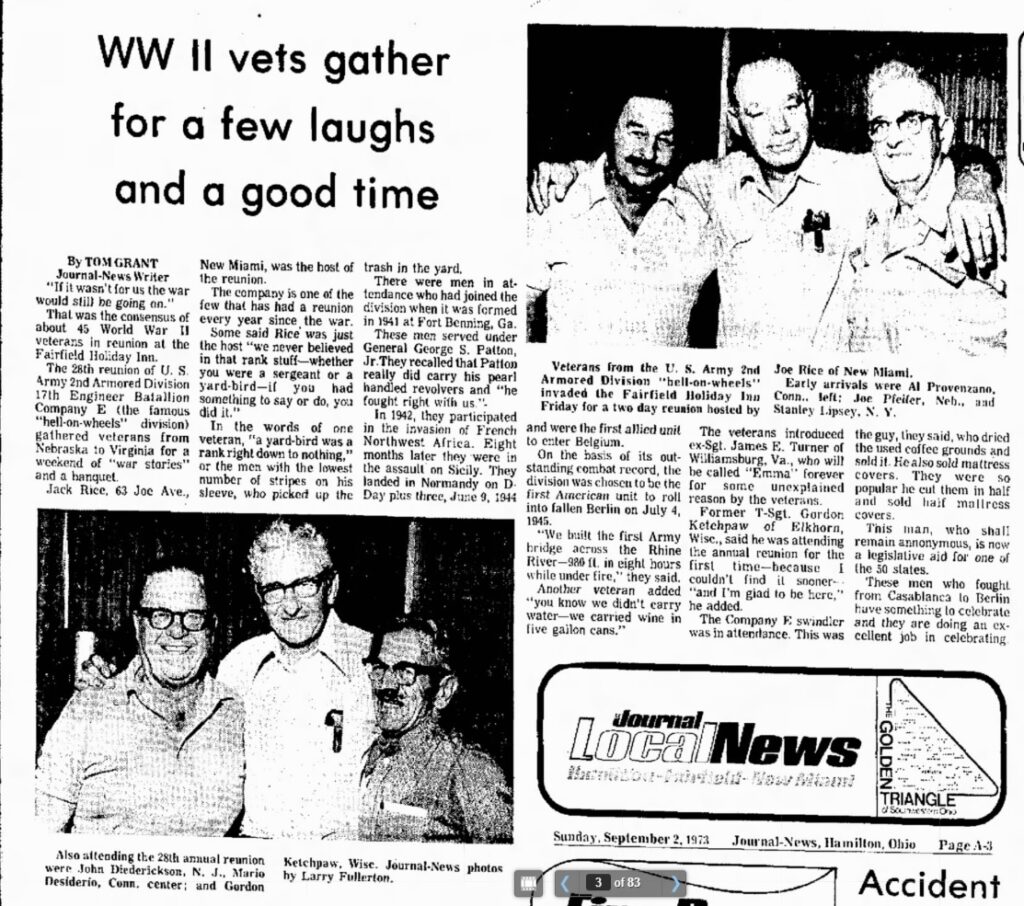 Article: Reunion 17th Armored Engineer Battalion, Company E - Hamilton News sept 2 1973 Source: Newspapers.com