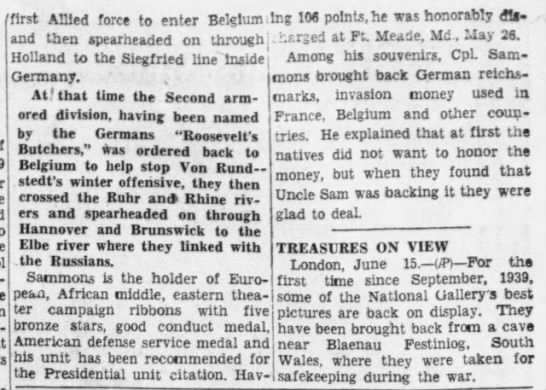 Corporal Edward J Sammons 17th Engineer, Daily Press (Newport News, Virginia)17 Jun 1945, SunPage 18 (Source Newspapers.com)