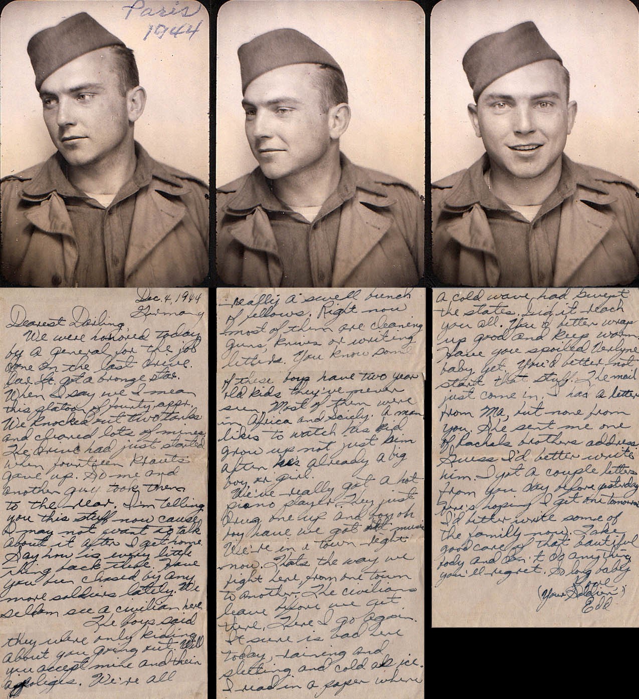 Edd Hiett in Paris September 1944. The letter was written December 4, 1944 and it mentions a general honoring his platoon for knocking out 2 Tiger Tanks, clearing a lot of mines and him helping take 14 prisoners. He says “I’m telling you this because I may not want to talk about it after I get home.” (by MarkHiett, photo Courtesy Mark Hiett)