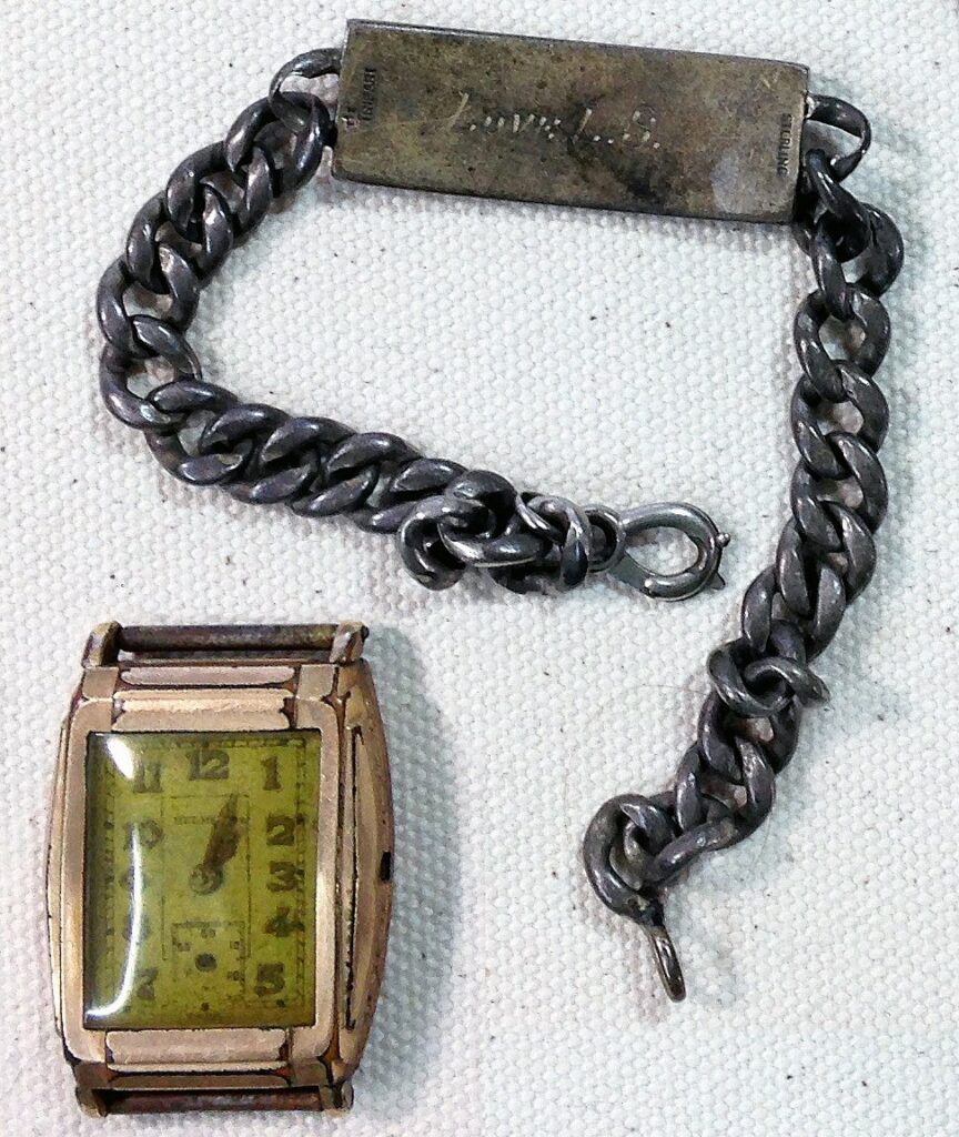 The watch and bracelet mentioned in the letter, The watch stopped at about 4 minutes past 1pm when the explosion blew him into the water. (Courtesy Mark Hiett)