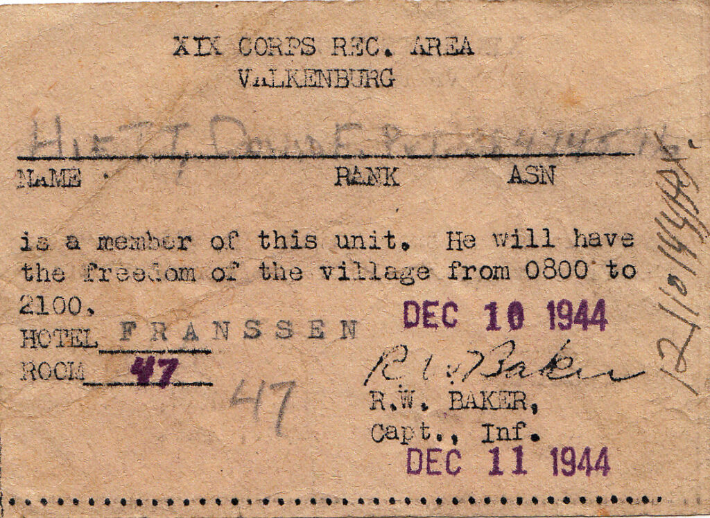 XIX Corps Recreation Area Valkenburg December 10, 1944 for PFC David Edd Hiett (Mark Hiett) 