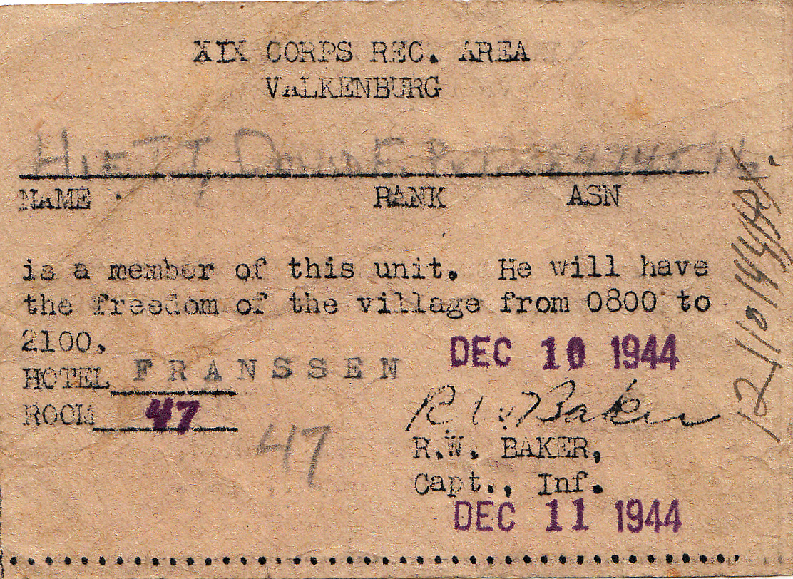 XIX Corps Recreation Area Valkenburg December 10, 1944 for PFC David Edd Hiett (Mark Hiett)
