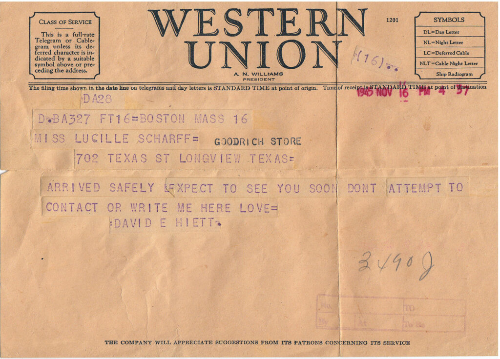 Telegram sended from David Edd Hiett November 16, 1945(Courtesy Mark Hiett) 