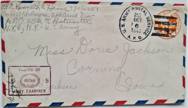 Envelope of Kenneth C Hanna, from D Company, 17th Armored Engineer Battalion, ssend on October 6th 1943. (Courtesy: Private Collection: Martijn Brandjes)