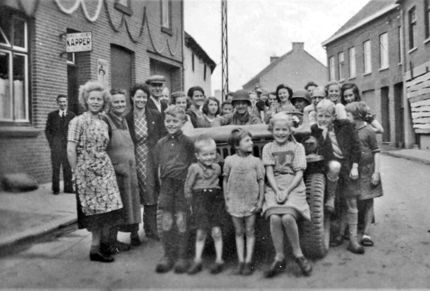 17th Engineer Jeep on tuesday afternoon on september 19,  1944. Taken at President Rooseveltstraat, Schinveld, Holland, with local civilians Joseph Zillen and Lies Joosten (source ww2inLimburg.com)
