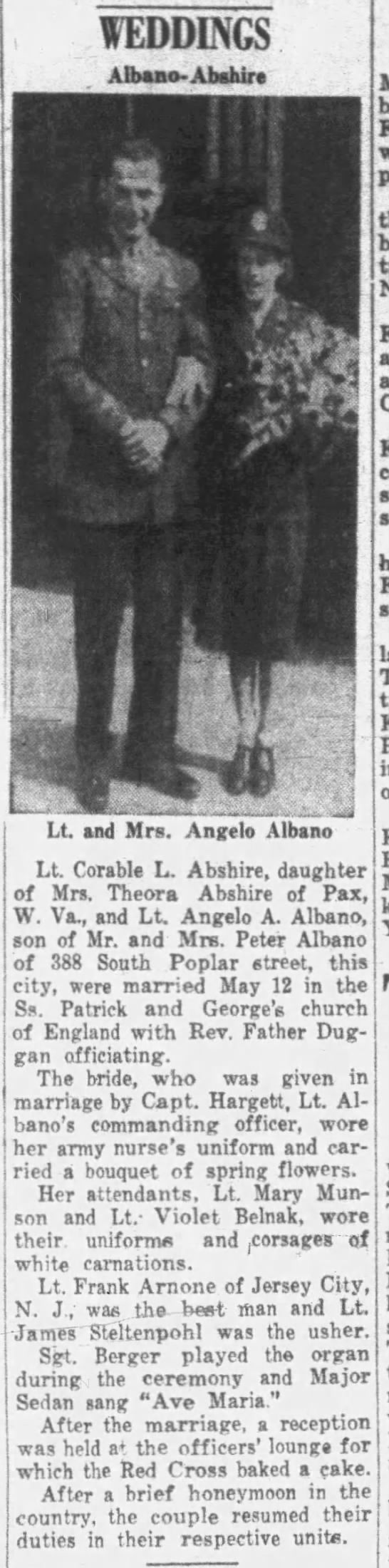Wedding Angelo A. Albano with Corable Lobertha Abshire Albano (Source: The Plain Speaker Hazleton, Pennsylvania 06 Jul 1944, Thursdy, Page 18)